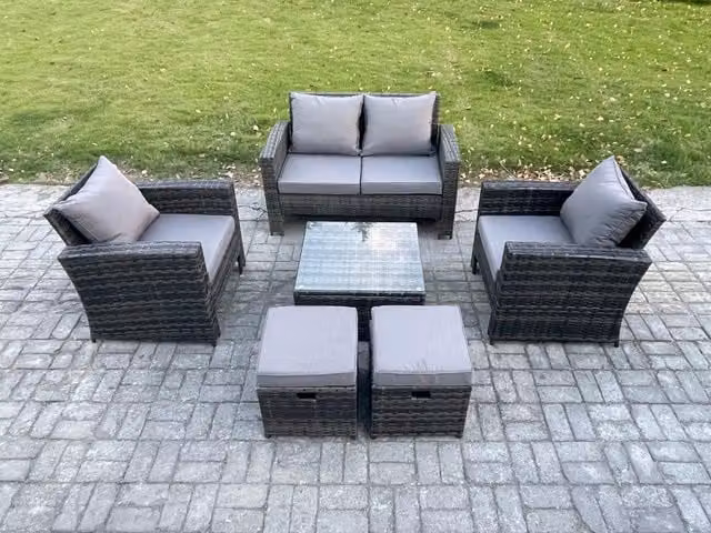 Fimous 6 Seater Rattan Garden Furniture Set with Coffee Table and Ottomans in Dark Grey