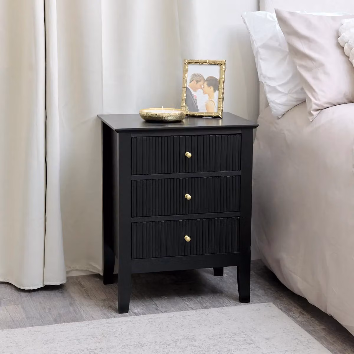 Melody Maison Hales Black Range 3 Drawer Chest of Drawers and Pair of Bedside Tables in Black and Gold – 4