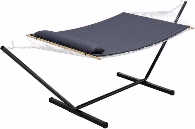 VOGREX Hammock with Stand in Grey, featuring a Powder Coated Steel Frame and Weatherproof Cushion