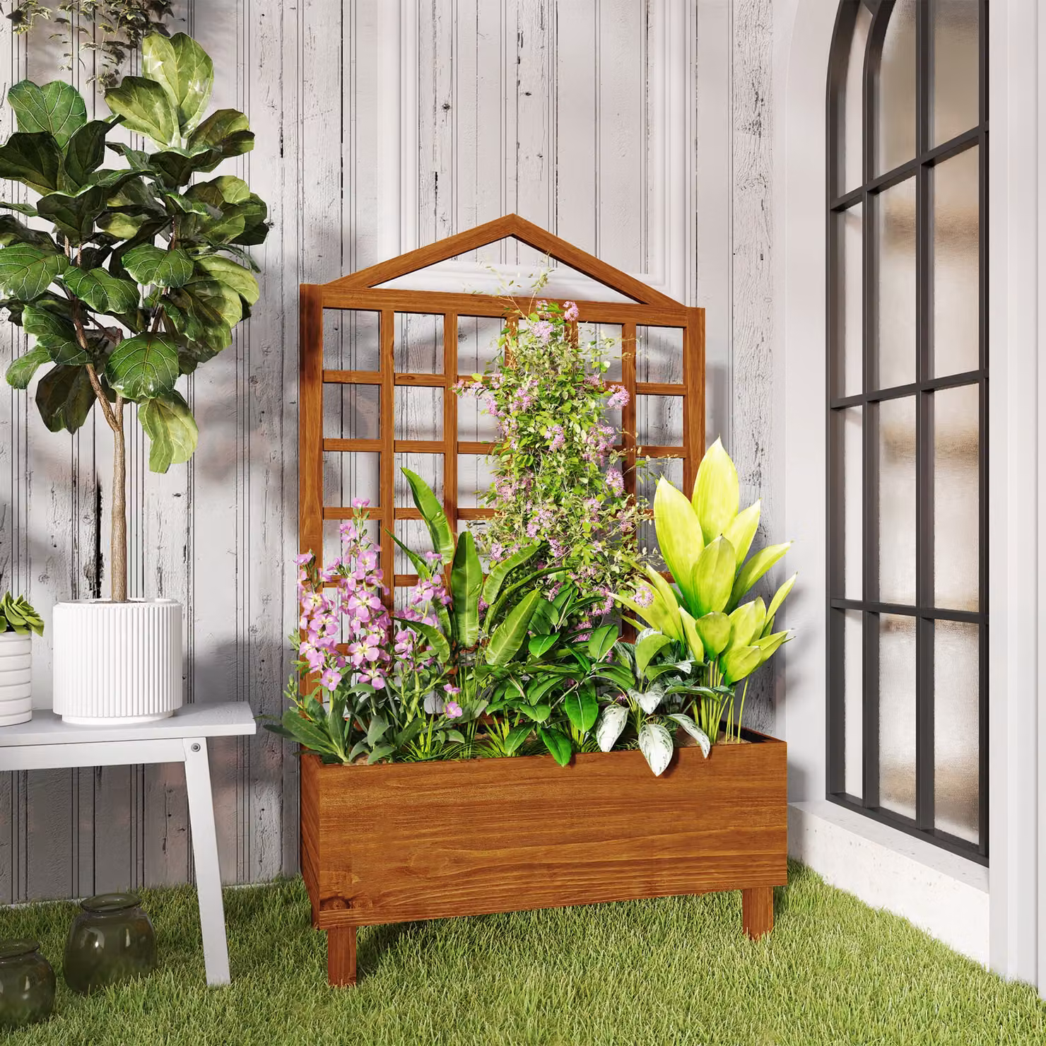 Outsunny Brown Wooden Raised Garden Planter with Trellis for Climbing Vines, W: 90 cm, D: 43 cm, H: 150 cm – 7