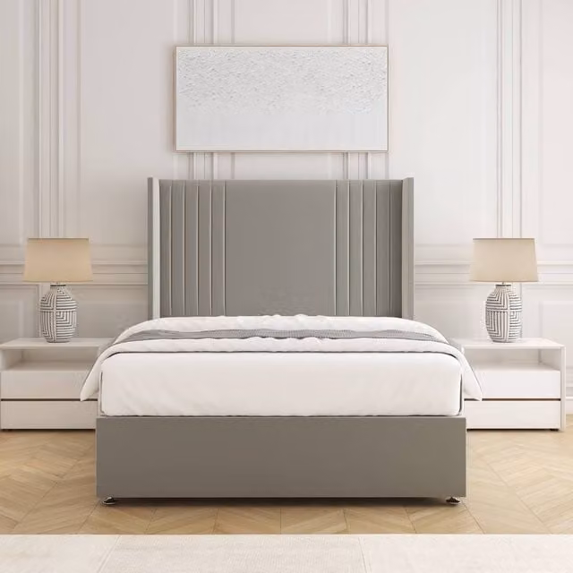 BSSPOKE Cheshire Double Divan Bed with 54 inch Headboard and 10 inch Mattress in Silver Plush Velvet, W/D/H: 140 x 200 cm