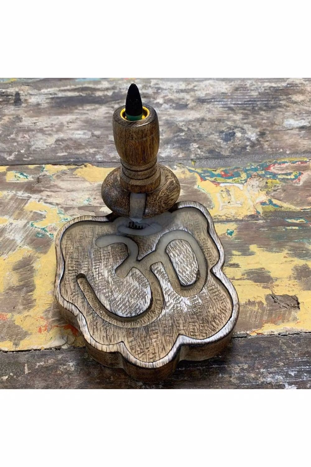 KDMD Brown Mango Wood Backflow Incense Burner with Ohm Design for Meditation and Decor – 3