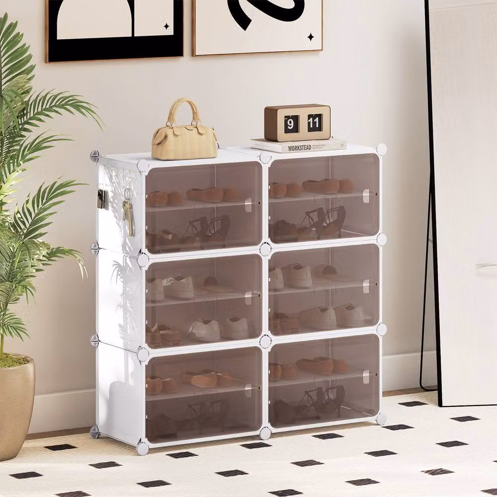 Gymax 6-Tier White Plastic Shoe Cabinet with Hinged Doors and Removable Shelves for 24 Pairs – 4