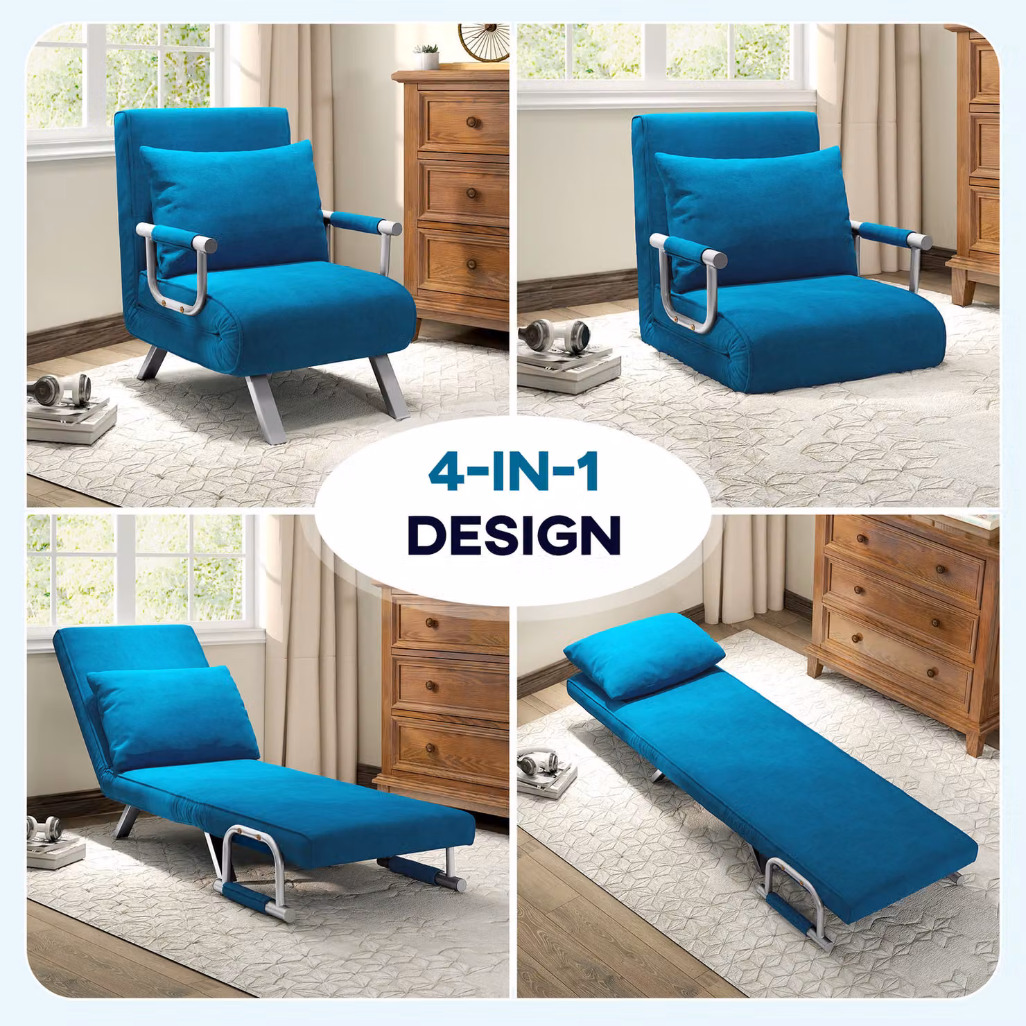 HOMCOM 4-in-1 Blue Faux Suede Chair Bed with Armrests and Metal Frame – 5