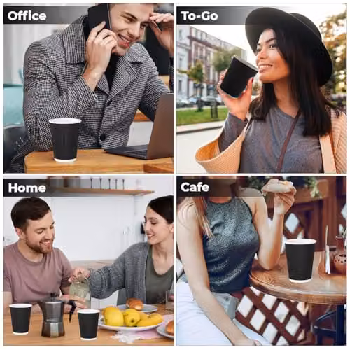 ECONX 100 Pack Triple Wall Insulated Disposable Black Paper Coffee Cups, 12oz – 4
