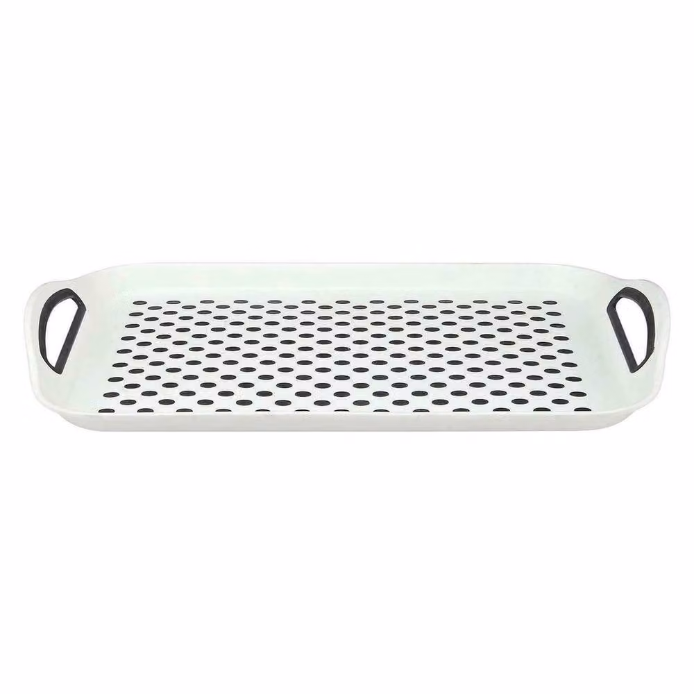 EONLION Set of 2 Rectangular Anti-Slip Plastic Serving Trays with High Grip Rubber Surface and Handles, White and Multicolour, W: 40.5 cm x D: 28.5 cm – 2