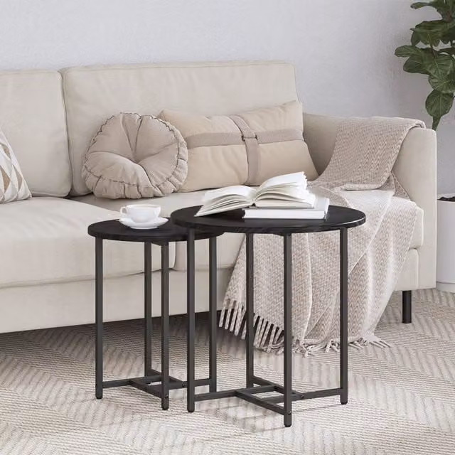 Berkfield Home Set of 2 Modern Round Nested Side Tables in Black Oak and Metal
