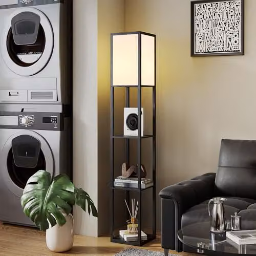 HOMCOM Modern 3-Tier Floor Lamp with Storage Shelves in Black – 8