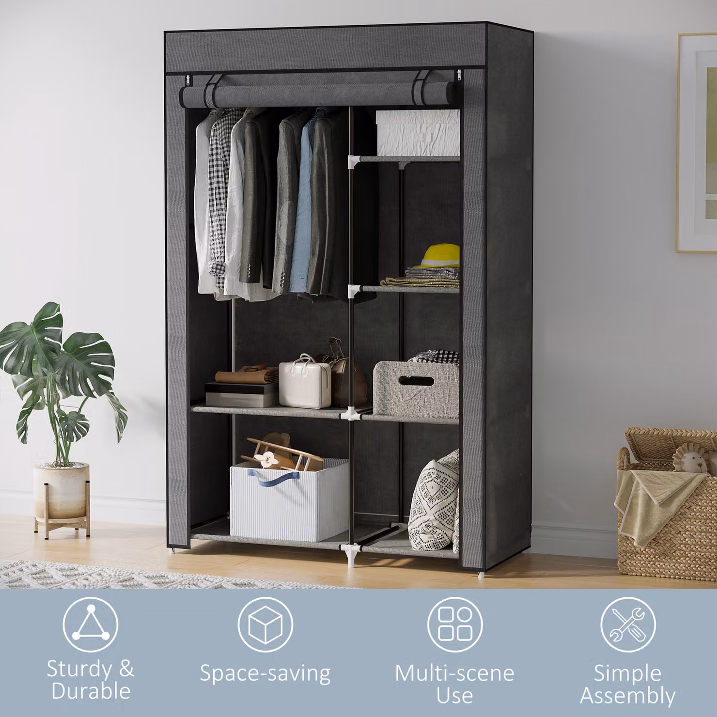 HOMCOM Modern Fabric Wardrobe with Hanging Rail and Six Shelves in Dark Grey, H: 162.5 cm x W: 103.0 cm – 4