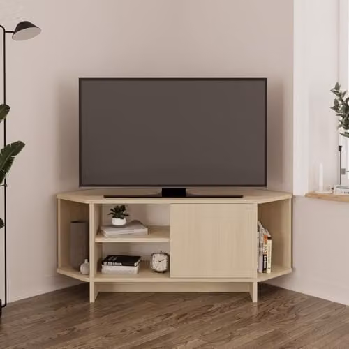 BIMOSSA Teo Corner TV Stand in Light Oak with Cabinet and Open Shelves