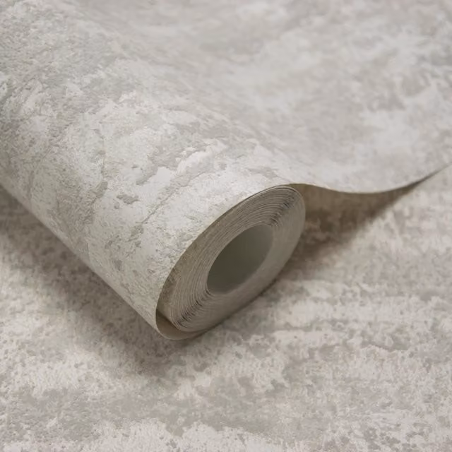 Grandeco Rocks Distressed Plaster Effect Plain Blown Vinyl Wallpaper in Beige, Blue and Grey