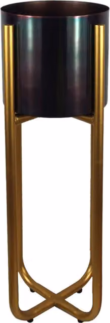 Leaf Iridescent Rainbow Metal Planter with Tall Gold Stand, Yellow