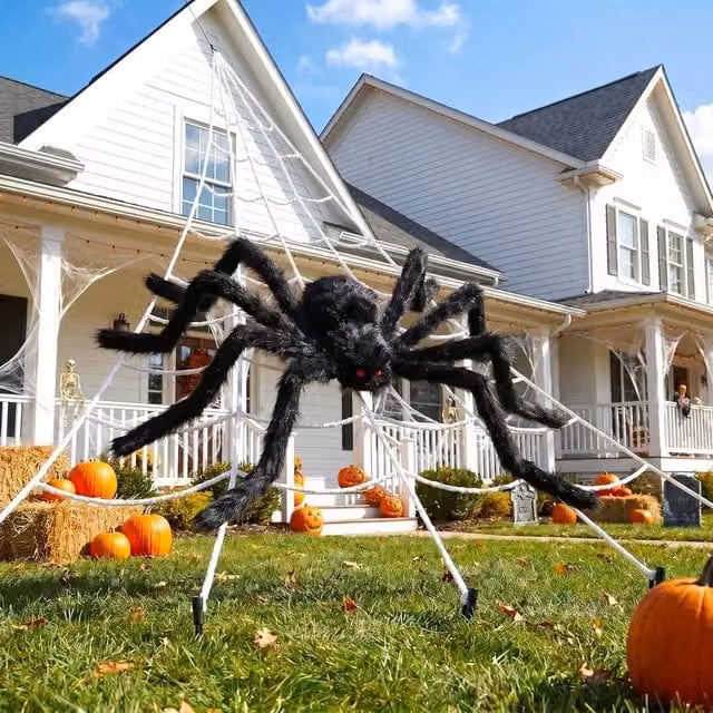 YnysTec Halloween Prop Set featuring 200cm Hairy Giant Spider and 5m Web in Black
