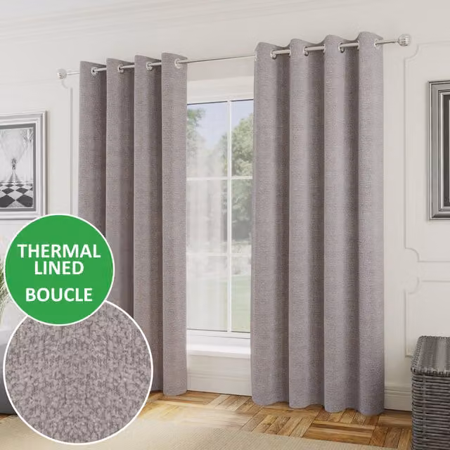 Enhanced Living Royale Boucle Eyelet Thermal Room Darkening Curtains, Silver/Grey, W: 137 cm, H: 168 cm