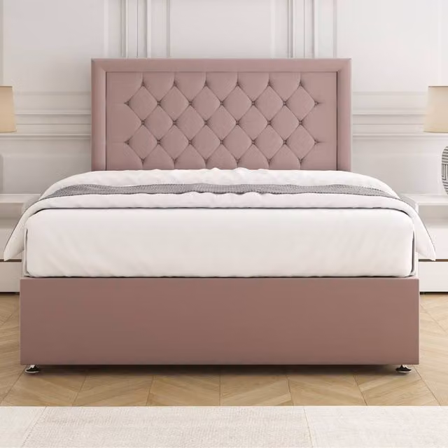 BSSPOKE Nova Plush Velvet Divan Bed Set with 24 inch Headboard and Mattress in Pink, Super King, W: 200 cm x D: 200 cm