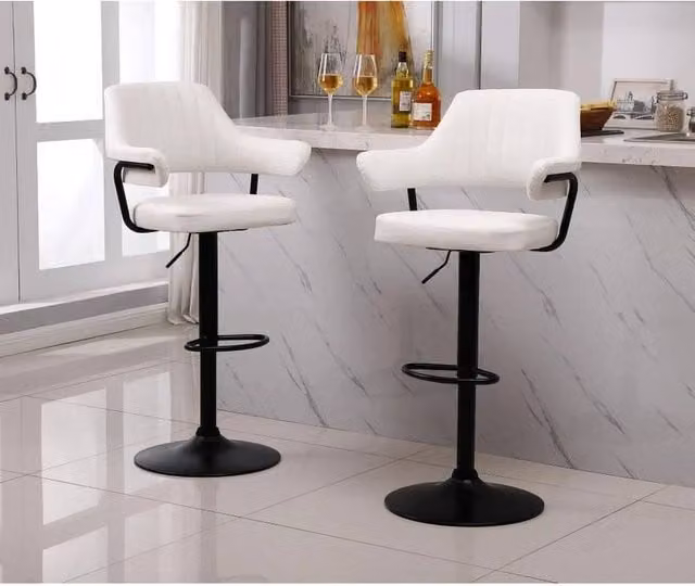 EONLION Set of 2 White Synthetic Leather Bar Stools with Armrests and Metal Base, Height: 100 cm