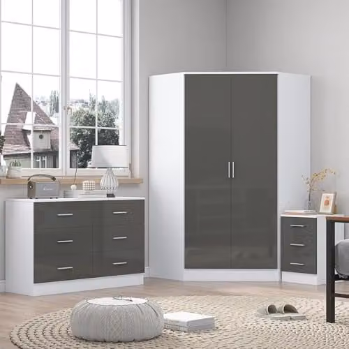 Reflect Modern Bedroom Furniture Bundle - Corner Wardrobe, 6 Drawer Chest and 3 Drawer Bedside - Gloss Grey and Matt White – 1