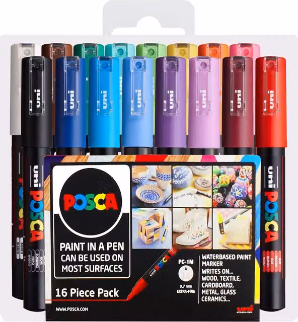 POSCA PC-1M Paint Marker Art Pen Set, 16 Multicolour Bullet Tip Pens, 0.7mm