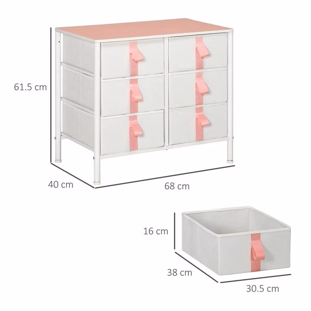 EONLION 6 Drawer Chest of Drawers with Wooden Top in White or Pink, Width: 100 cm – 2