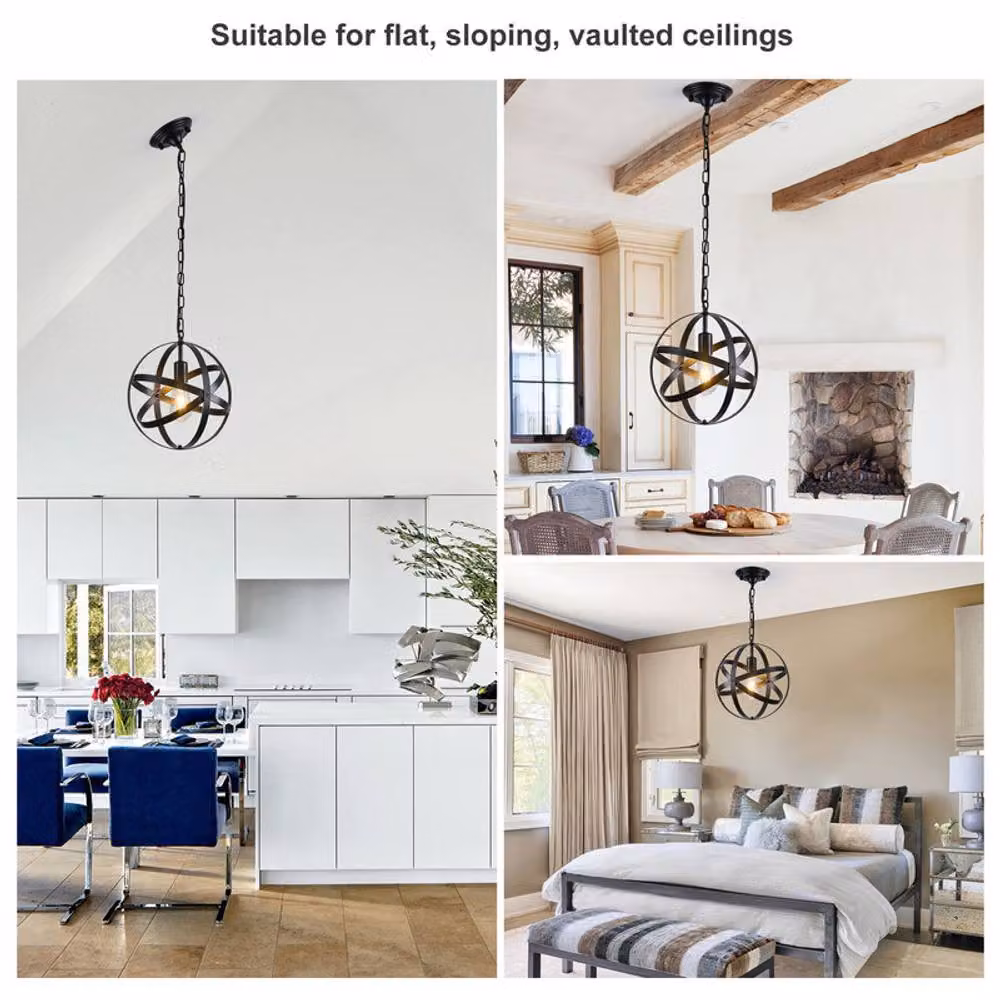 NIVOR Industrial Globe Pendant Light, Black Metal with Transparent Glass Sphere, E27 Socket – 3
