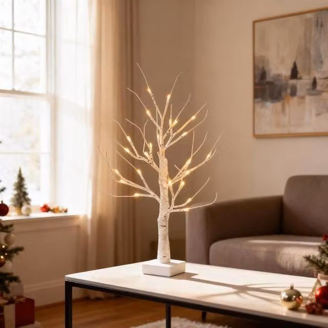 Shatchi Set of 4 White Birch Twig Christmas Trees with 24 Warm White LEDs, Height: 60 cm