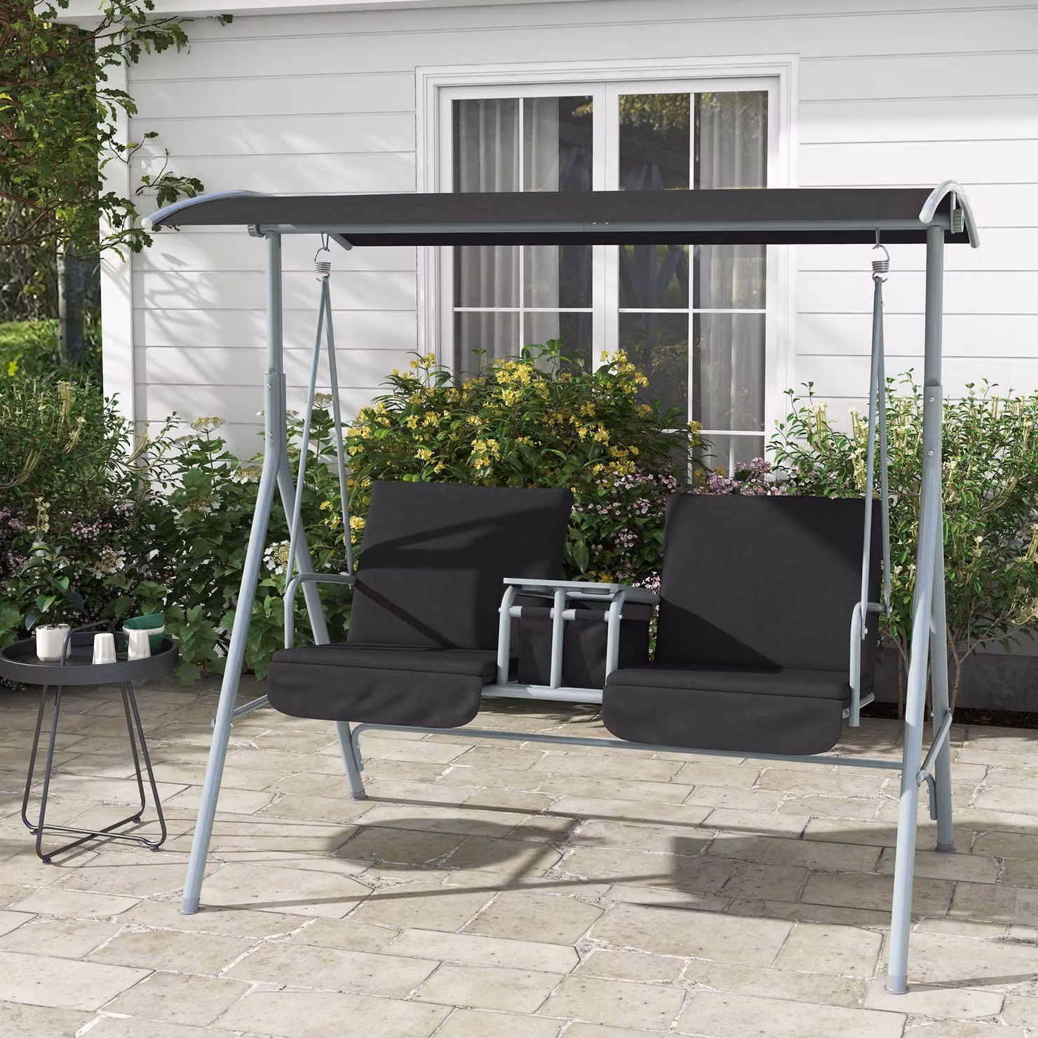 Outsunny 2 Seater Garden Swing Chair with Tilting Canopy and Padded Cushions, Black – 2