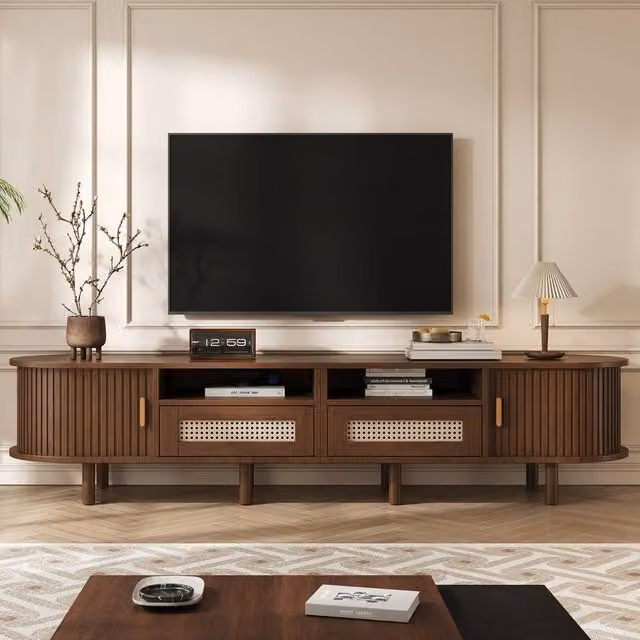Rolipo Dark Oak Oval Rattan TV Stand in Dark Brown with Sliding Doors and Media Compartments, Width: 170 cm – 1