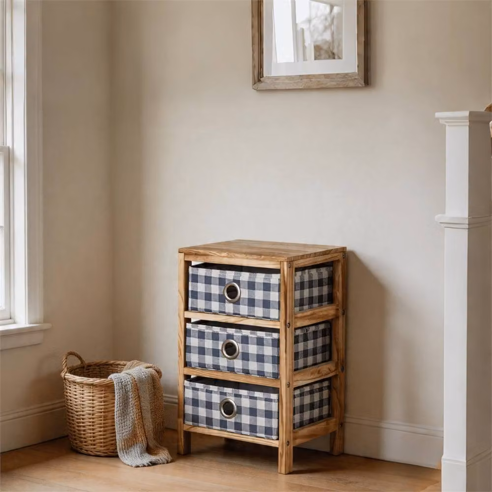 Nordara Wooden 3 Drawer Chest in Brown with Plaid Fabric Bedroom Organiser W/D/H: 100 x 100 x 100 cm – 2
