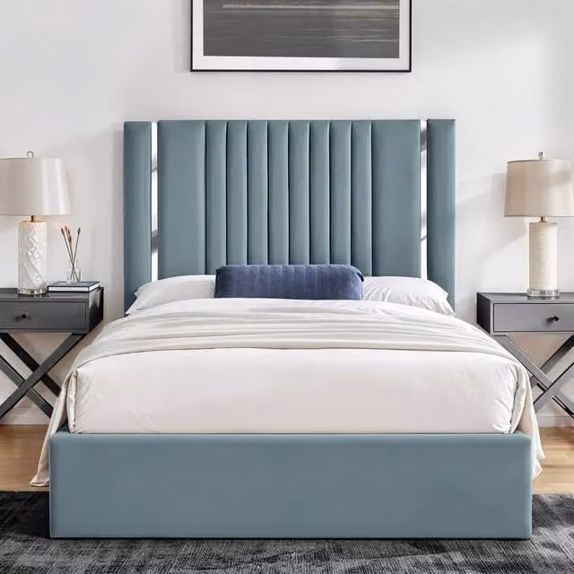 UK Bed Furniture Valencia Upholstered Slatted Base Bed with 48 Inch Panel Headboard in Light Blue, Super King, W/D/H: 200 x 200 cm – 1