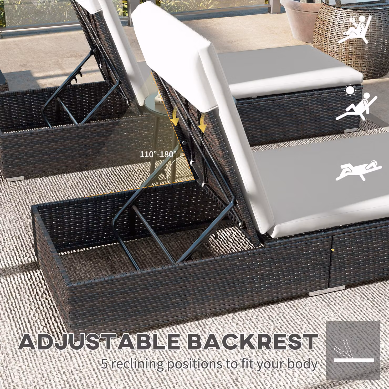 Outsunny Set of Two Brown Rattan Sun Loungers with Reclining Backs and Weatherproof Cushions – 5