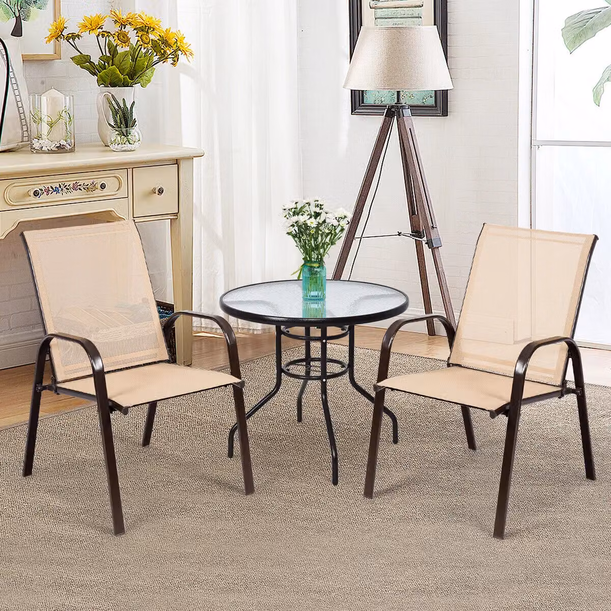 Costway Set of 2 Brown High Back Portable Patio Chairs with Armrests for Garden and Camping – 2
