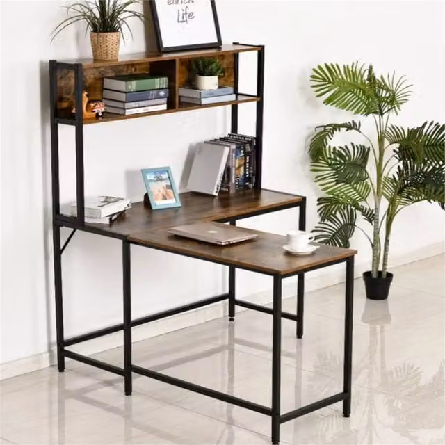 KORVIXA Industrial L Shaped Corner Work Desk in Brown and Black