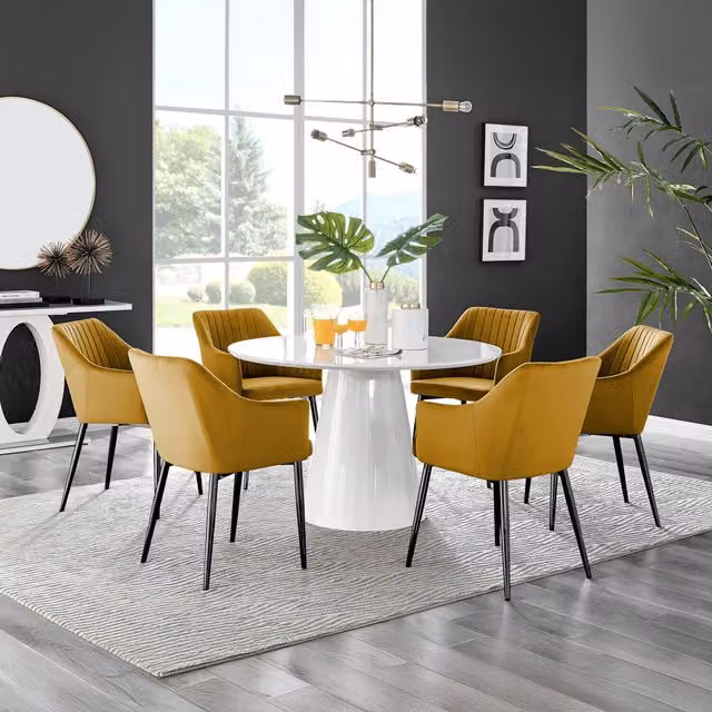 FurnitureboxUK Palma White High Gloss Round Dining Table and 6 Calla Black Leg Chairs in Mustard