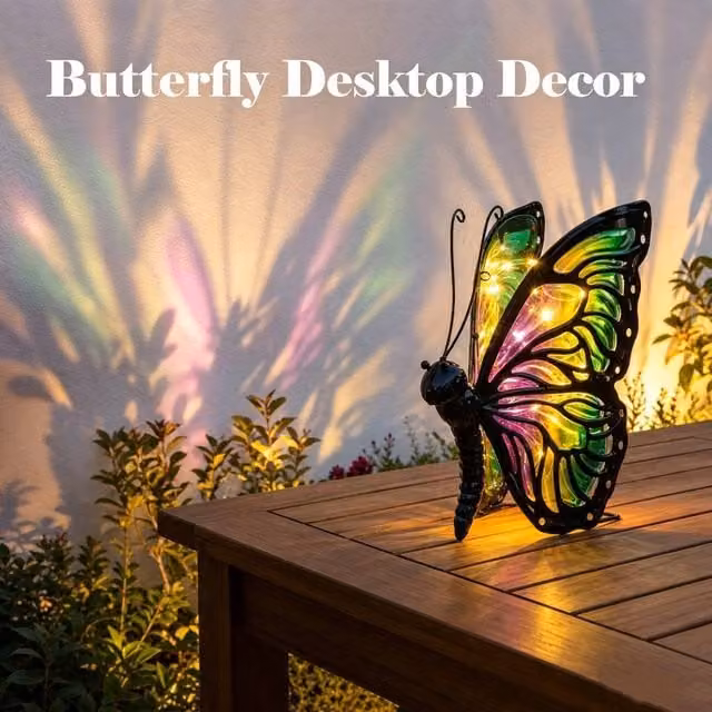 Bright Zeal Multicolor Solar Hand-Painted Glass Butterfly Outdoor Light – 1