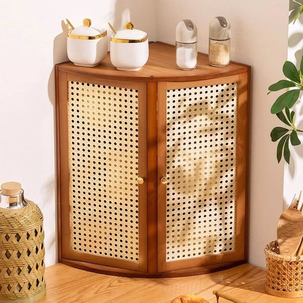 KORVIXA Brown Bamboo Corner Kitchen Cabinet with Plastic Rattan Reticulated Hinged Doors – 3