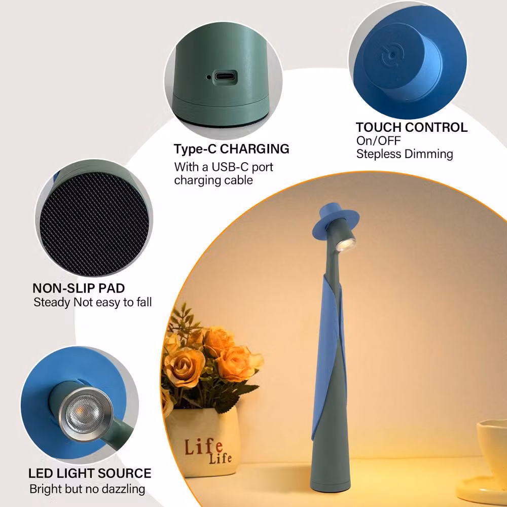 INMTFEI Gentleman Hat Touch Lamp, Rechargeable Dimmable LED Table Light in Blue – 4
