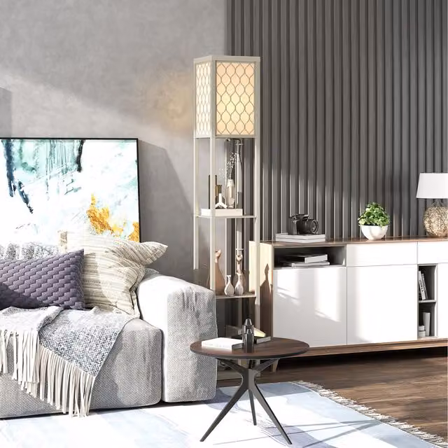 HOMCOM Modern 4 Tier Floor Lamp with Shelves in White and Wood