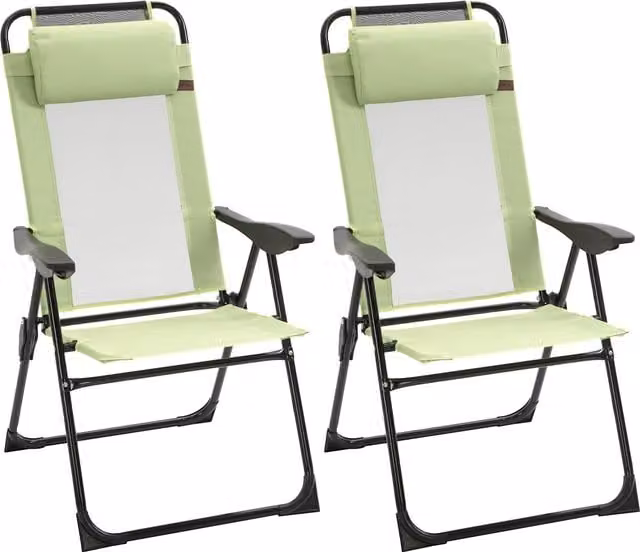 Outsunny Set of 2 Green Metal Outdoor Patio Chaise Lounge Chairs with Adjustable Backrest and Armrests – 1