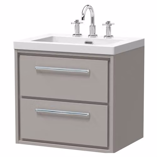 Balterley Wall Hung Traditional Vanity Unit with 2 Soft Close Drawers and 3 Tap Hole Rectangular Basin in Pebble Grey, W: 61.3 cm, D: 46.2 cm, H: 58.4 cm