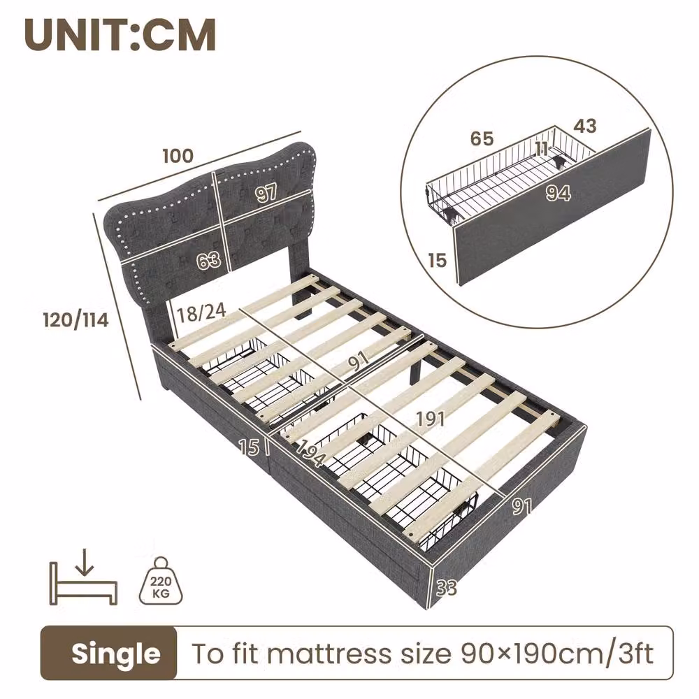 Matteo Single Upholstered Bed with USB Charging Station and Storage Drawers, Grey, W/D/H: 90 x 190 cm – 6