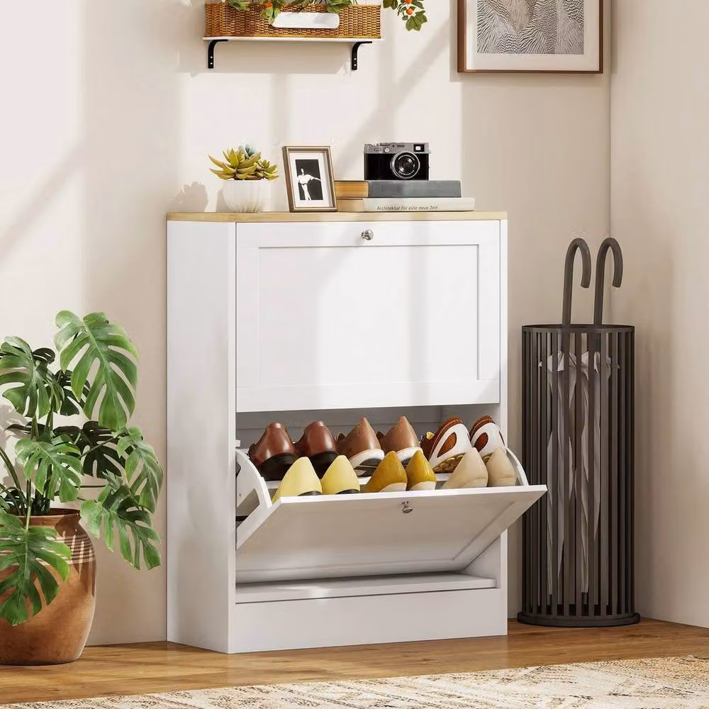 NESTLUNE Modern Narrow Shoe Cabinet with 2 Tilting Compartments and Internal Shelves, White, W/D/H: 100 x 15 x 23.5 cm – 2