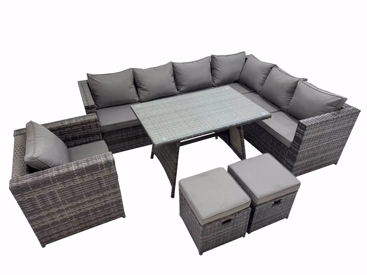 Fimous 9 Seater Grey Rattan Corner Sofa Set with Dining Table, Armchairs and Footrests for Garden and Outdoor Use – 3