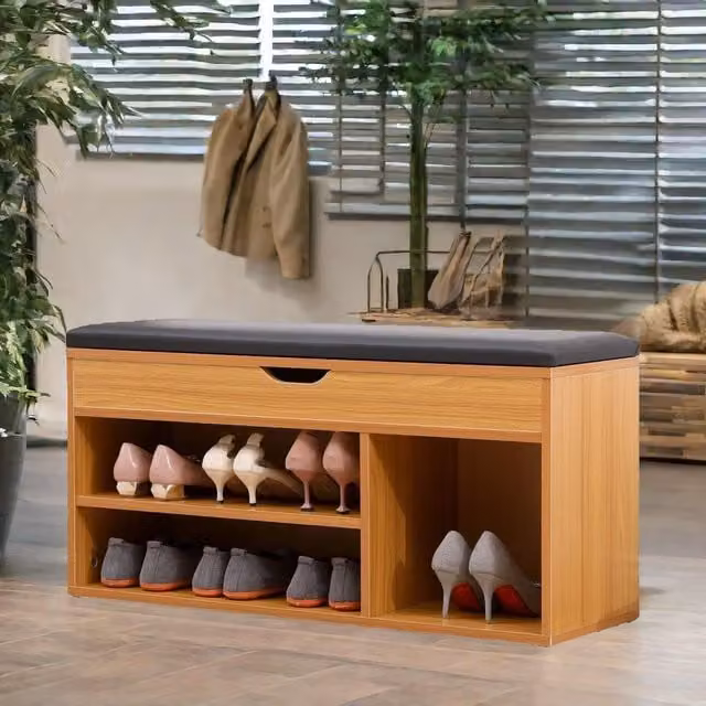 Rafaelo Mobilia Wooden Shoe Storage Bench with Cushioned Seat in Light Tan, W: 90 cm, D: 45 cm, H: 45 cm – 1