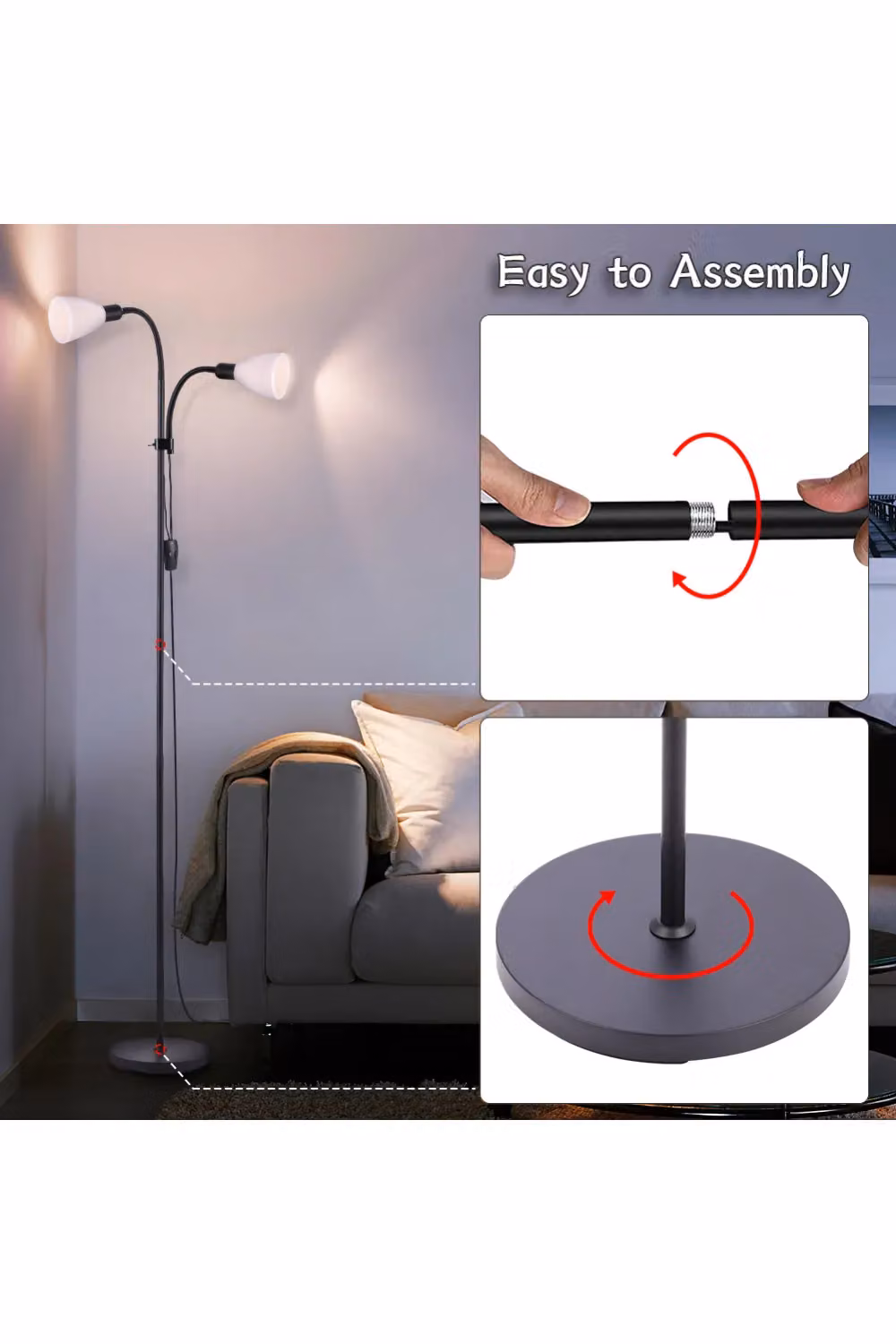 Living and Home Modern 2 Head Adjustable Standing Floor Lamp in Black and Multicolour – 3