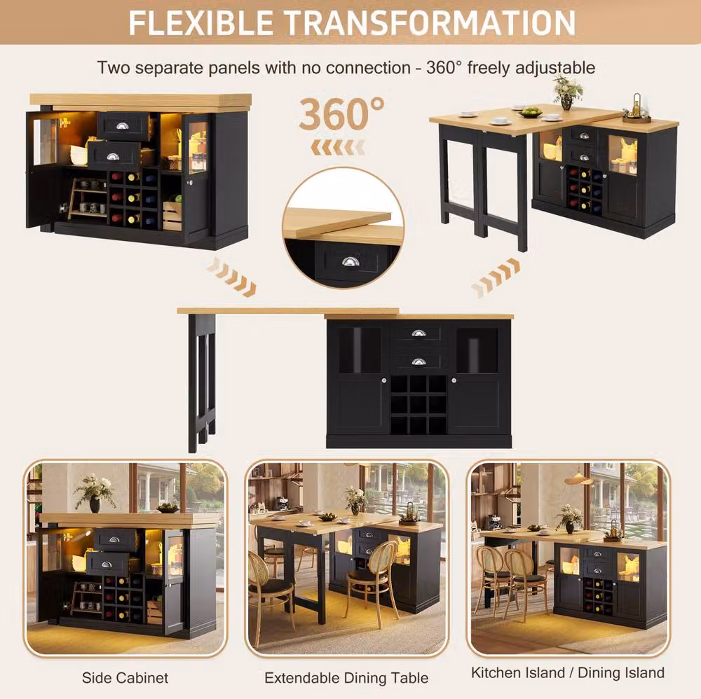 STILVORA Extendable Dining Table with Storage and LED Lights in Black – 8