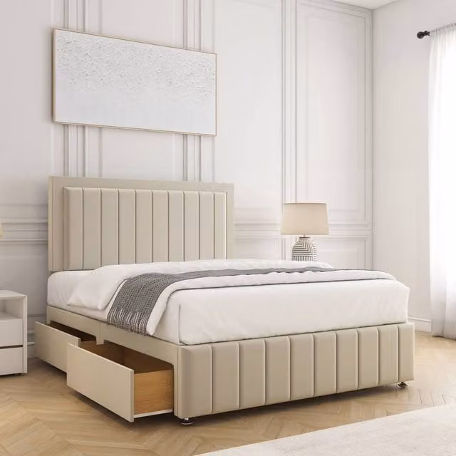 BSSPOKE Sophia Divan Bed Set with 24 inch Headboard, 4 Drawers and Mattress in Beige Plush Velvet, Size: King (W/D/H: 180 x 200 cm)
