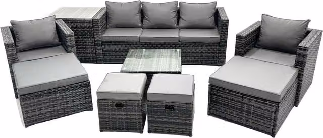 Fimous 9-Seater Rattan Patio Sofa Set in Dark Grey Mixed with Metal Frame and Upholstered Cushions