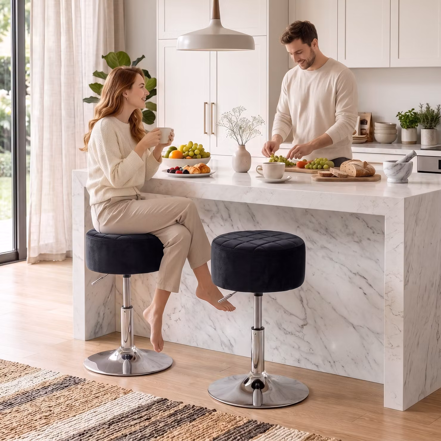 HOMCOM Adjustable Swivel Bar Stool with Black Velvet-feel Seat and Metal Base – 2
