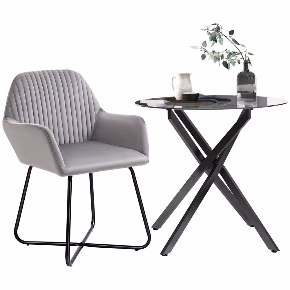 HOMCOM Modern Round Glass Dining Set with Black and Grey Velvet Chairs – 2