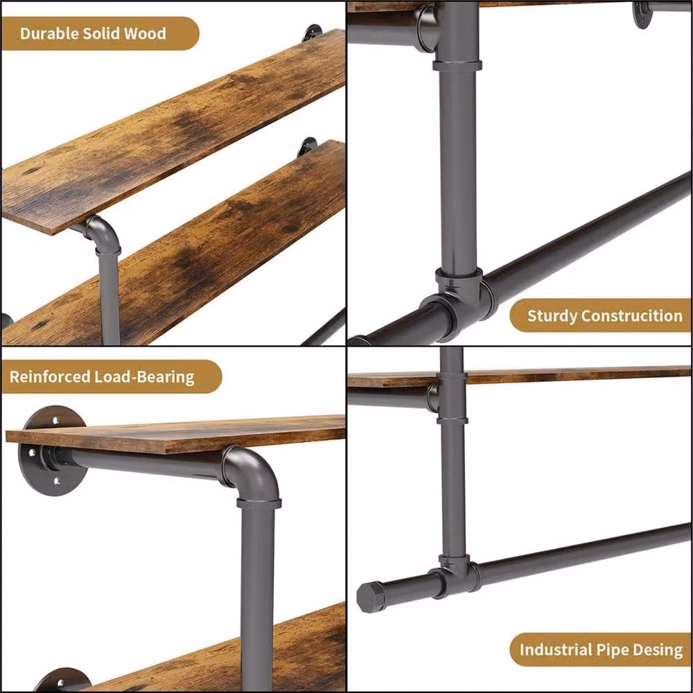 FORGEVIO Wall Mounted Industrial Pipe Garment Rack with 2 Tier Metal Storage Shelves in Black and Brown – 3